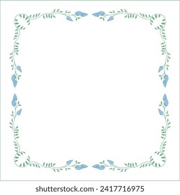 Green floral frame with leaves and blue flowers, decorative corners for greeting cards, banners, business cards, invitations, menus. Isolated vector illustration.
