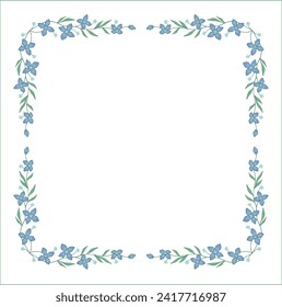 Green floral frame with leaves and blue flowers, decorative corners for greeting cards, banners, business cards, invitations, menus. Isolated vector illustration.