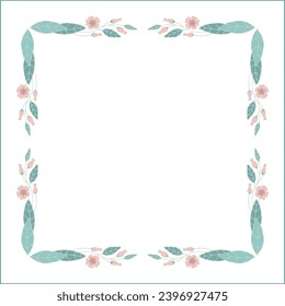 Green floral frame with leaves and pink flowers, decorative corners for greeting cards, banners, business cards, invitations, menus. Isolated vector illustration.	