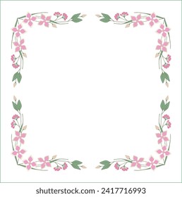 Green floral frame with leaves and pink flowers, decorative corners for greeting cards, banners, business cards, invitations, menus. Isolated vector illustration.