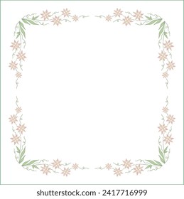 Green floral frame with leaves and pink flowers, decorative corners for greeting cards, banners, business cards, invitations, menus. Isolated vector illustration.