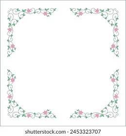 Green floral frame with pink flowers, lily of the valley decorative corners for greeting cards, banners, business cards, invitations, menus. Isolated vector illustration.	
