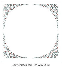 Green floral frame with red flowers, lily of the valley decorative corners for greeting cards, round frame, banners, business cards, invitations, menus. Isolated vector illustration.	
