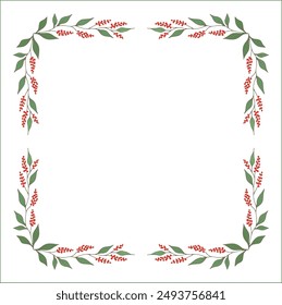 Green floral frame with red flowers, decorative corners for greeting cards, banners, business cards, invitations, menus. Isolated vector illustration.