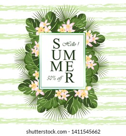 green floral frame with summer flowers and tropical foliage 