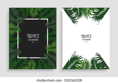 Green floral frame with tropical leaves. Two design templates for overlay your text, call-to-action, print, web design, stationery, promo, headline, invitations, or greetings cards.