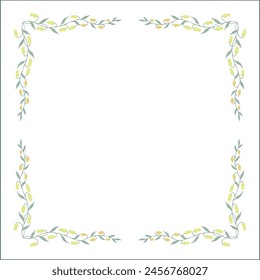 Green floral frame with yellow flowers, bluebells decorative corners for greeting cards, banners, business cards, invitations, menus. Isolated vector illustration.
