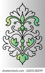Green floral heart with abstract swirls and decorative leaves.