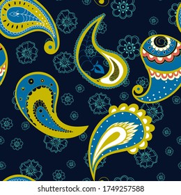 Green Floral Indian Vector Seamless Pattern. Traditional Flower Texture. Paisley Turkish Print. Green and Blue Persian Design.