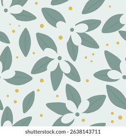 Green floral leaf pattern with yellow dots seamless pattern for fabric, textiles, clothing, wallpaper, cover, banner, home decor, florals backgrounds
