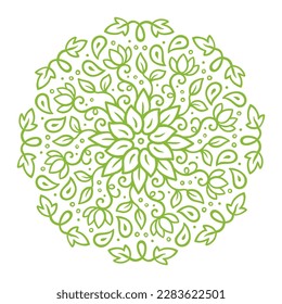 Green floral mandala style circle ornament, beautiful lacy doodle pattern with leaves and flowers. Isolated vector illustration.
