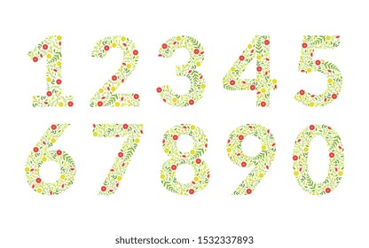 Green Floral Numbers Made of Leaves and Flowers Pattern Vector Illustration