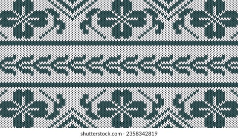 Green floral on white knit design, Festive Sweater Design. Seamless Knitted Pattern