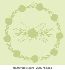 Green floral outline round frame. Botanical template with flowers