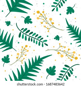 Green floral pattern with leaves and branches. Ideal for use as a print on fabrics, clothes, dresses, wallpapers, invitations, wrapping paper, postcards and more