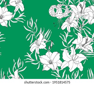 Green floral pattern with lilies. Seamless vector pattern for fabric.