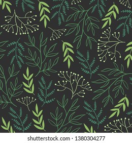 Green floral pattern seamless black background. 
