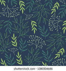 Green floral pattern seamless blue background. 