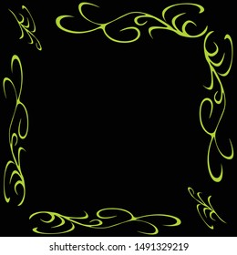 Green floral scrolls with black background.