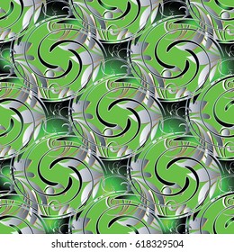 Green floral seamless pattern background wallpaper illustration with vintage 3d flowers, leaves, radial circles  and  flourish ornaments. Vector surface texture.