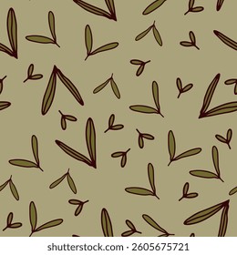 Green floral seamless pattern. Drawing of leaves of plants. Illustration of cute green leaves
