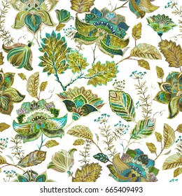 Green floral seamless pattern. Plants ornament. Colorful decorative flowers. Provence style. Design for fabrics, cards, web, decoupage