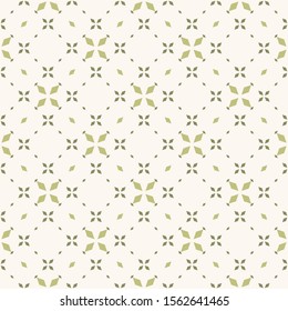 Green floral seamless texture. Vintage geometric pattern with small flowers, petals, leaves, grid. Simple vector abstract background in light green and white color. Elegant ornament. Repeat design