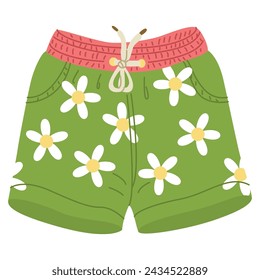 Pantalones cortos verdes florales para vacaciones en la playa y fiestas. Ocio de verano. Ilustración vectorial brillante para carteles y álbumes de recortes, aislado sobre un fondo transparente.