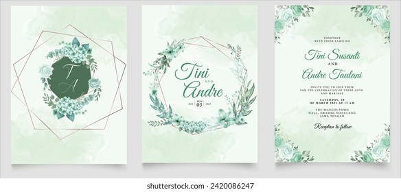 Green Floral Traditional Invitation Card Template. Illustrator and designer. Wedding Invites, save the date, Birthday Invites, Video Invites, E-Cards.