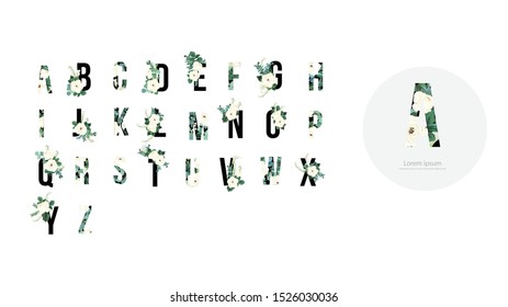 Green and floral vector alphabet. Uppercase letters decorated with greenery leaves branches and white rose.