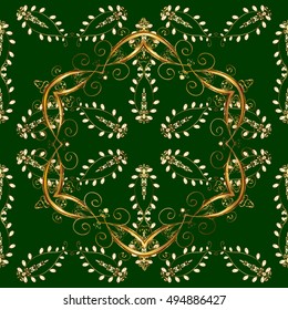 Green floral vector golden ornament on green background
