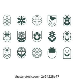 Green Floral Vector Illustrations on White Background