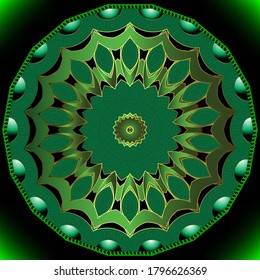 Green floral vector mandala pattern. Greek style ornamental modern background. Lace zigzag stitching round frame. Cold counters. Abstract flower. Greek key meanders. Ornate luxury decorative design.