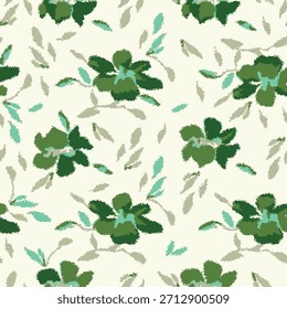Patrón de Vector floral verde sobre fondo beige, diseño textil botánico texturizado