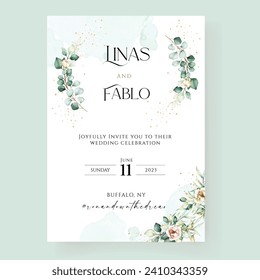 Green Floral Watercolor Wedding Card Invitation. Illustrator and designer. Wedding Invites, save the date, Birthday Invites, Video Invites, E-Cards.