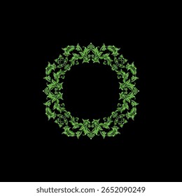 Green Floral Wreath on Black Ornamental Circle with Foliage Decorative Border
