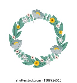Green floral wreath yellow flowers. Round cute frame with your text. Design element for invitations, greeting cards, bunners and more