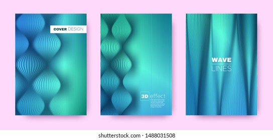 Green Flow Banner. Abstract Covers Set. Movement Lines Pattern. 3d Geometric Background. Flow Distorted Lines. Dynamic Covers Set. Teal Minimal Banner. Turquoise Flow Background.