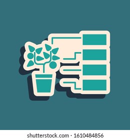 Green Flower analysis icon isolated on blue background. Long shadow style. Vector Illustration
