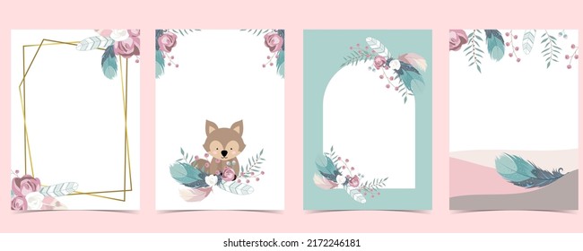 Green flower baby shower invitation with feather. Vector birthday invitation for kid and baby