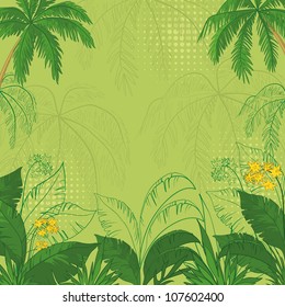 green flower background with tropical flowers, palm trees leaves and contours. Vector illustration