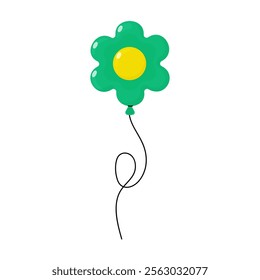 Green flower balloon with yellow center floating against a white background