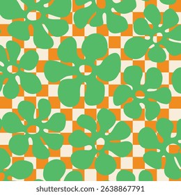 Green Flower Checkerboard Seamless Pattern