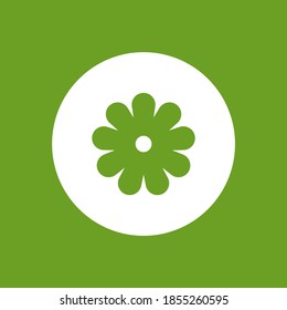 Green flower in green circle flat icon isolated on white. Big bloom. Vector illustration. Medical, cosmetic, health care label. Eco, floral, natural, organic symbol. Vector flat logo