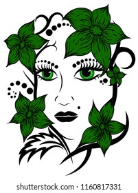 Green flower face with tribal pattern on white background
