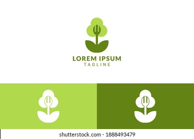 El cultivo de flores verdes como modelo de logo de tenedor para comida saludable. Elemento de logotipo vectorial para la marca de las empresas como restaurante, barra de ensaladas, comida vegetariana, nutrición, mercado verde y bistró