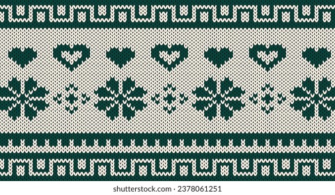 Green flower and heart knitted pattern, Festive Sweater Design. Seamless Knitted Pattern, Christmas concept.