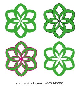 Green flower icons. Loop petal shapes. Repetitive floral patterns. Vector symmetrical elements.