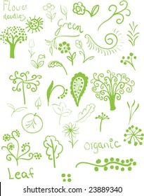 Green flower and leaf doodles on white background