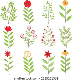 Green flower and leaves set, floral elements vector image


